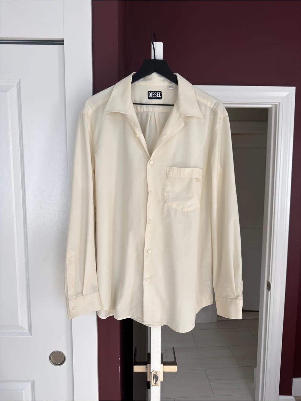 DIESEL Shirt Mens M Beige S-Wooly Wool Button Up Pocket Notched Collar Casual